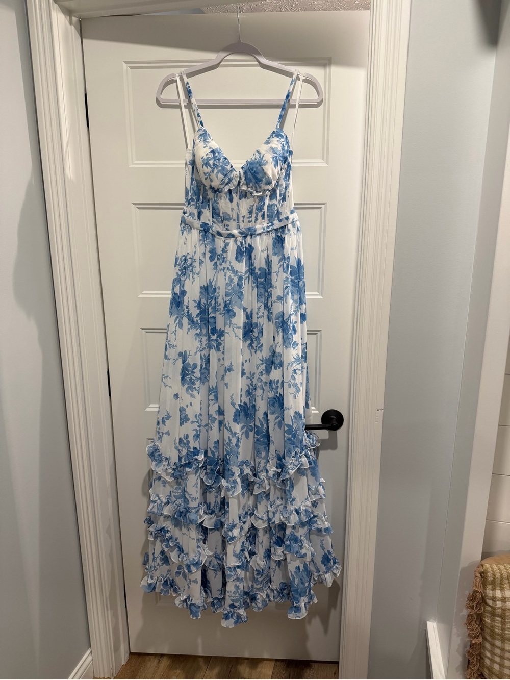 Blue Floral A-Line Bridesmaid Dress – Corset Back – Size 8 – Worn Once